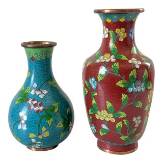 Set of Two Chinese Copper Enamel Cloisonné Floral Vases For Sale