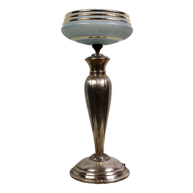 French Silver and Glass Shade Table Lamp from Unbekannt, 1920s For Sale