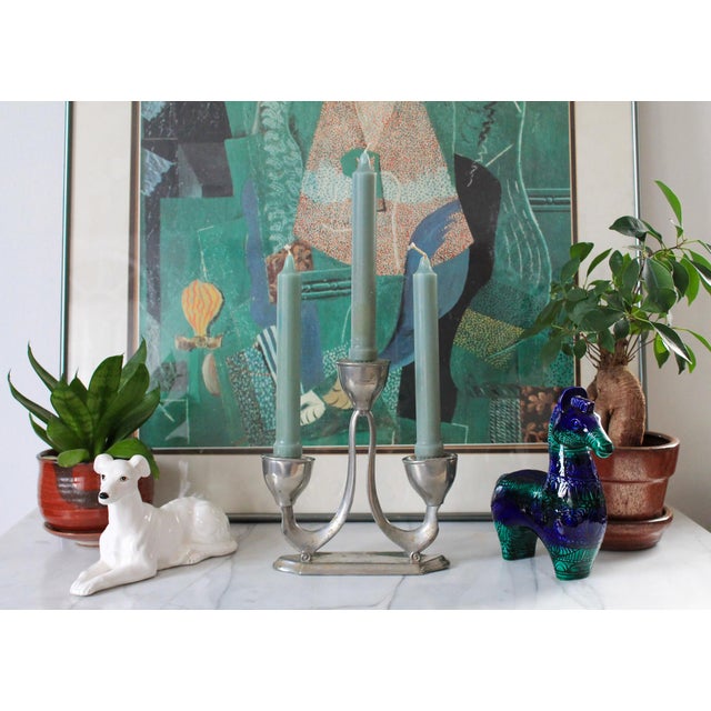 Vintage modernist style 3-arm pewter candelabra by Silver Craft. Age wear, dents, candle residue, light oxidation.