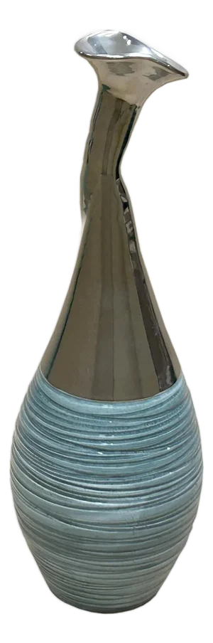 Teal Green Metallic Silver Glaze Narrow Neck Ceramic Art Vase