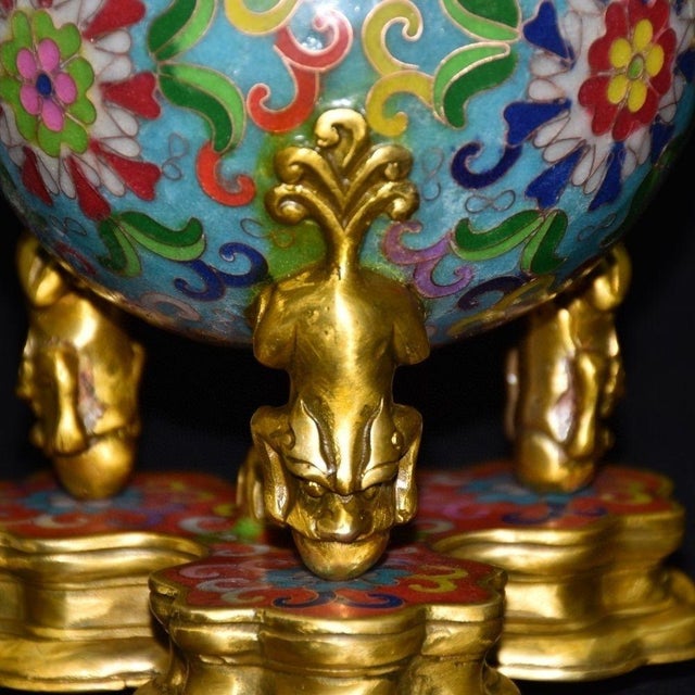 Vintage Cloisonne Enamel Globe Censer - Double-Handle Tripod Incense Burner For Sale In Los Angeles - Image 6 of 9