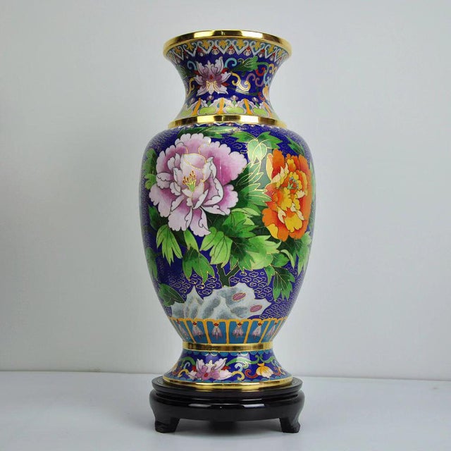Traditional Pair of Vintage Cloisonné Enamel Floral & Bird Baluster Vases With Wooden Stands For Sale - Image 3 of 5