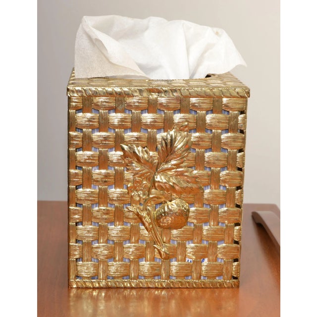 Hollywood Regency 1980s Hollywood Regency Handwoven Gold Lattice Metal Tissue Box Cover For Sale - Image 3 of 12