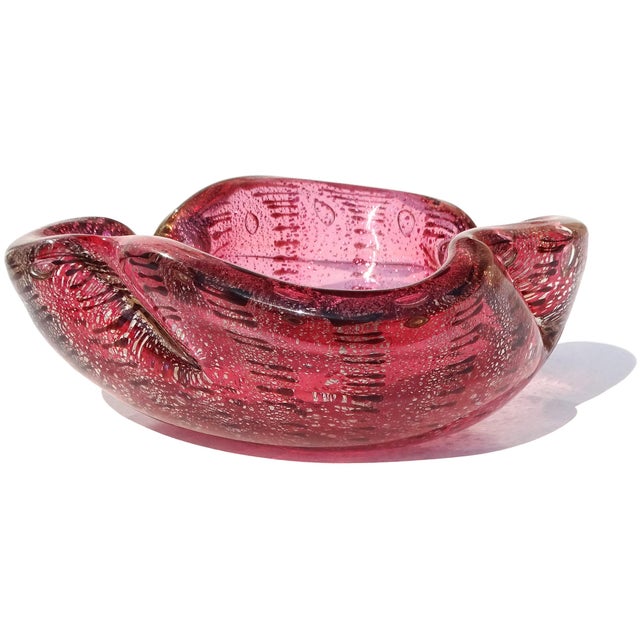 Murano Murano Vintage Pink Silver Flecks Dark Purple Spot Pattern Italian Art Glass Abstract Ashtray Bowl For Sale - Image 4 of 8