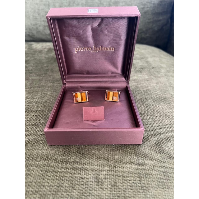 Vintage Balmain "Circa 1980s" Tiger Eye Cufflinks Original Purple Satin Case For Sale - Image 17 of 18