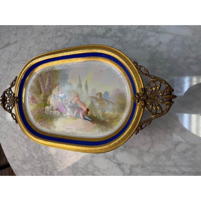 Ceramic Vintage Hutschenreuther Bavaria Porcelain Vanity Tray – Fragonard Courting Scene With Cobalt & Gold Ormolu-Style Rim For Sale - Image 7 of 7
