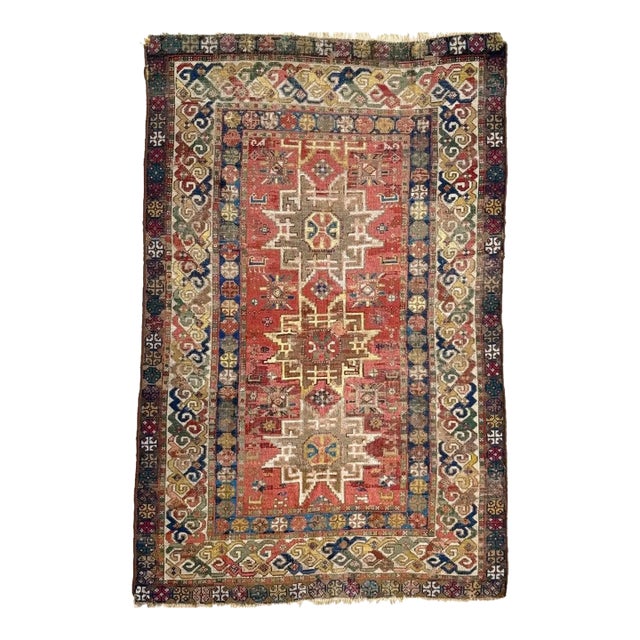 Antique Caucasian Leshgi Star with KINTSUGI Repairs Rug 3.8 x 5.6 For Sale