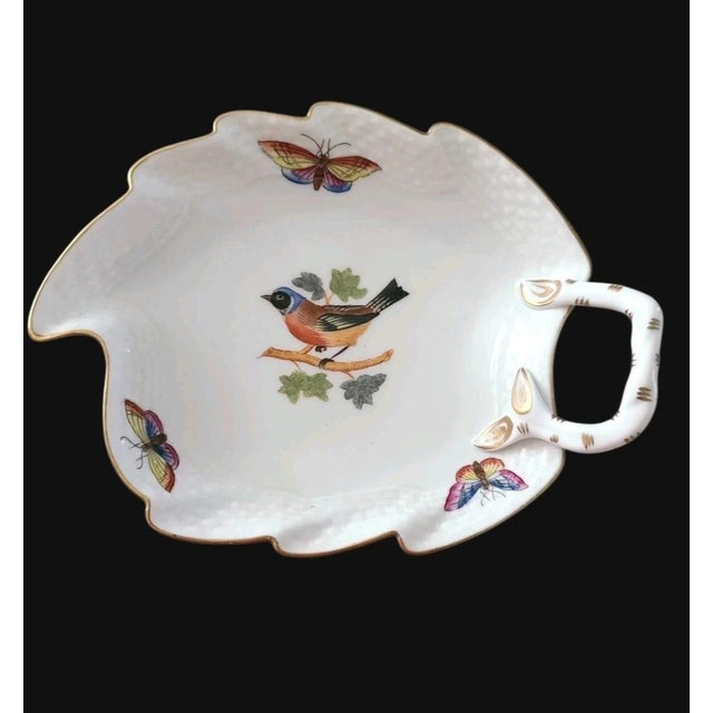 Herend Rothschild Bird 5.75" serrated leaf shaped candy/relish dish. Central motif of a bird on a branch, surrounded by...