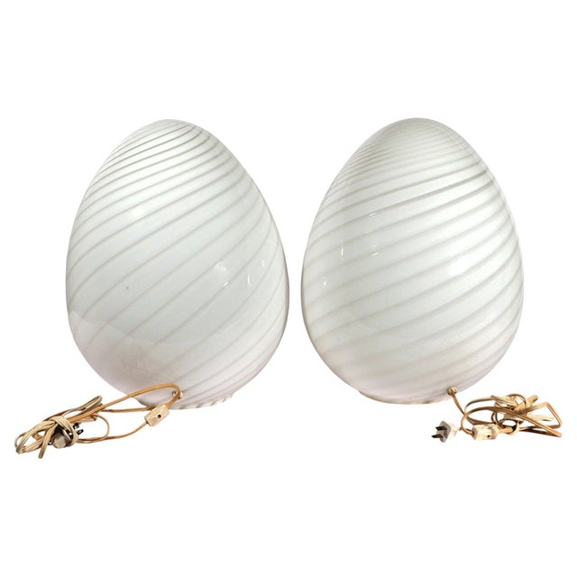 Glass Murano Glass Egg Lamps, Pair of Large White Swirl Opaline Lamps For Sale - Image 7 of 10