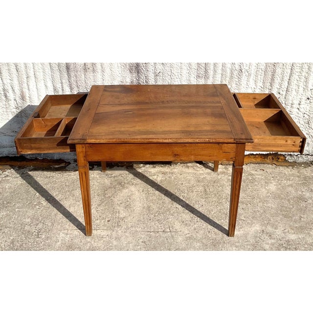 Farmhouse Vintage Boho Patinated Two Drawer Farm Table For Sale - Image 3 of 8