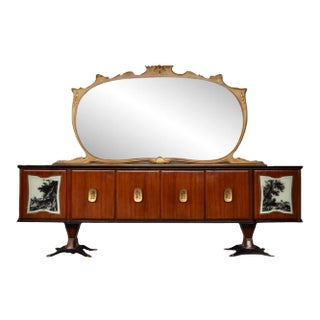 Mahogany, Pearwood, Brass & Marbled Back-Lacquered Glass Top Sideboard with Mirror from F.lli Rigamonti Desio, Milano, 1940s For Sale