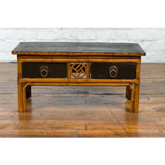 Wood Vintage Chinese Black Lacquered Elmwood & Bamboo Fretwork Side Table For Sale - Image 7 of 13