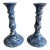 Vintage Blue & White Marbleized Ceramic Candlesticks – Pair of Agateware / Aptware Style Sculptural Candleholders For Sale