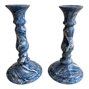 Vintage Blue & White Marbleized Ceramic Candlesticks – Pair of Agateware / Aptware Style Sculptural Candleholders