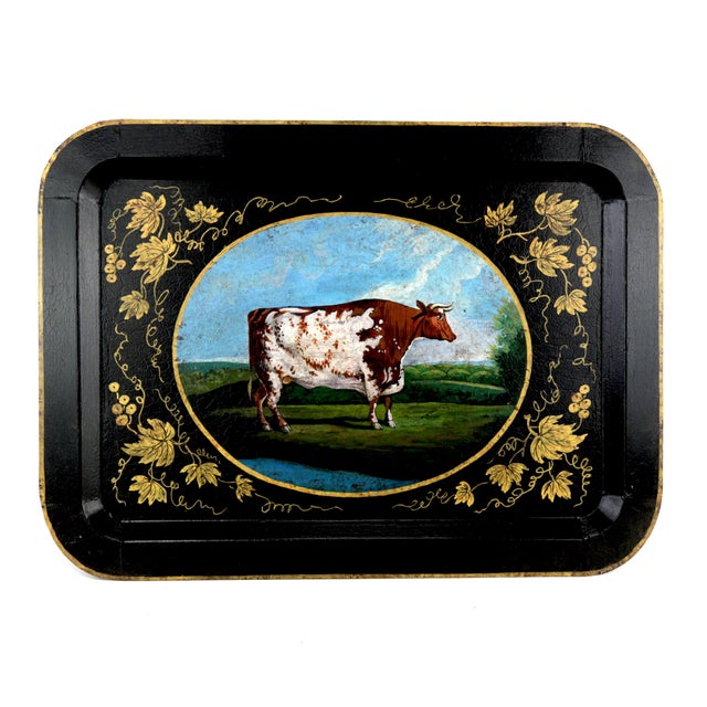 20th Century Hand-Painted English Countryside Art Decorative Metal Tray For Sale In New York - Image 6 of 12