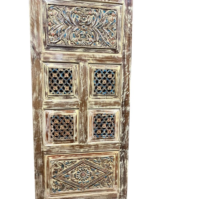 Vintage Reclaimed Wood Barn Door – Hand-Carved Floral Rustic Architectural Door 80x36 For Sale In Orlando - Image 6 of 9
