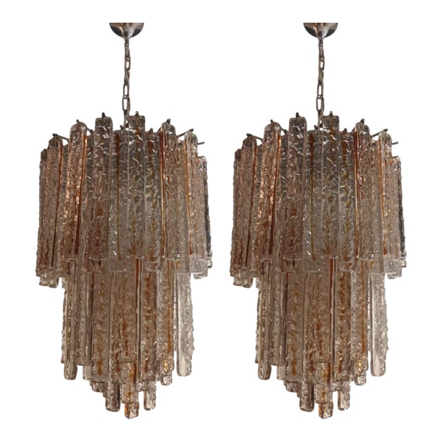 Pair of Amber/Clear Murano Glass Planks Chandeliers by Mazzega. Italy, 1960's. For Sale
