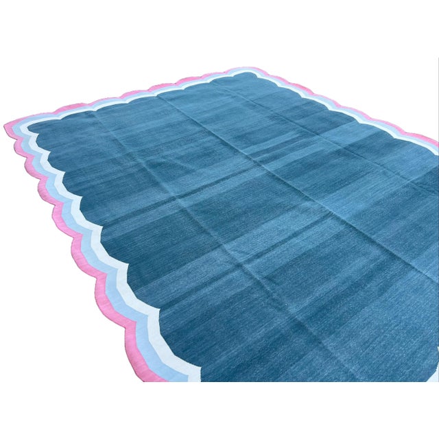 Cornflower Blue Handmade Cotton 4 Sided Scalloped Rug Celadon Blue With Cream and Pink Border - 12'x15' For Sale - Image 8 of 10