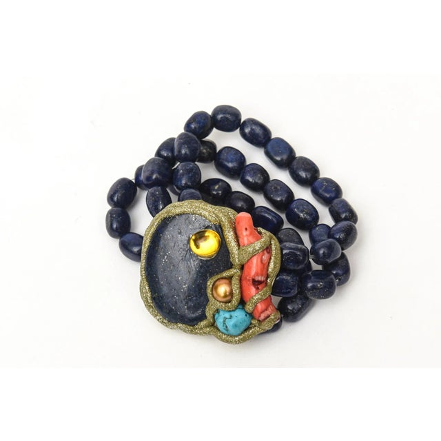 Modern Vintage Hand Wrought Cuff Bracelet With Lapis Lazuli, Coral, Citrine, Turquoise & Copper For Sale - Image 3 of 8