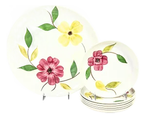 Handpainted Pink and Yellow Dogwood Platter and Dessert Plates- Set Of