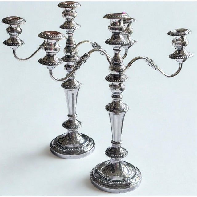 Metal MOS2026Antique Silver Plated Three Arm English Candleabras - A Pair For Sale - Image 7 of 18