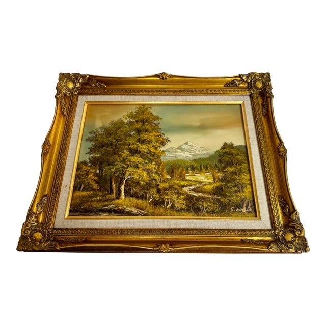Mid Century Framed Landscape Oil Painting Signed S Mold With Carved Gilt Wood Frame For Sale