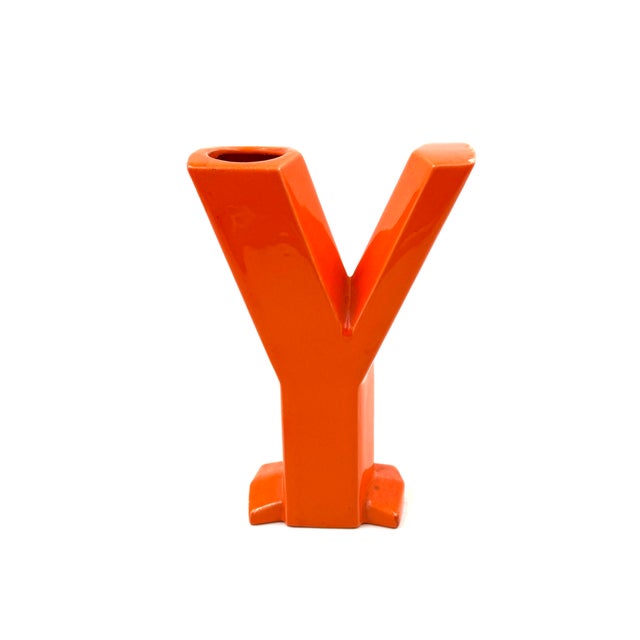 1970s Space Age Orange Y Letter Shaped Ceramic Solifleur Vase, Marcel Radureau France, Circa 1970 For Sale - Image 5 of 13