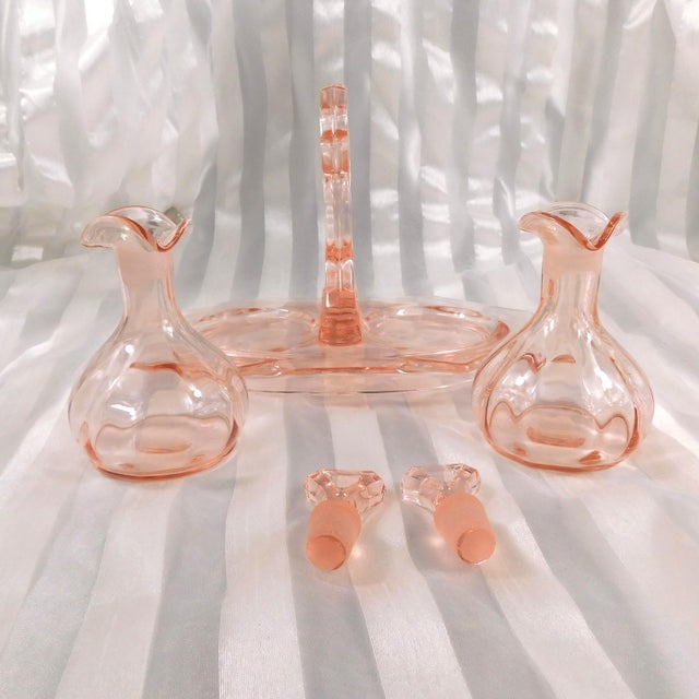 1960s 1960s Pink Glass Perfume Bottle Set, Vanity Jar or Condiment Jar Five Piece Set For Sale - Image 5 of 7