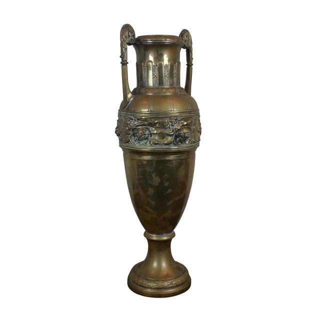 Vintage Neoclassical Empire style tall brass urn / cassolette / amphora vase with scrolled handles and a repousse band...
