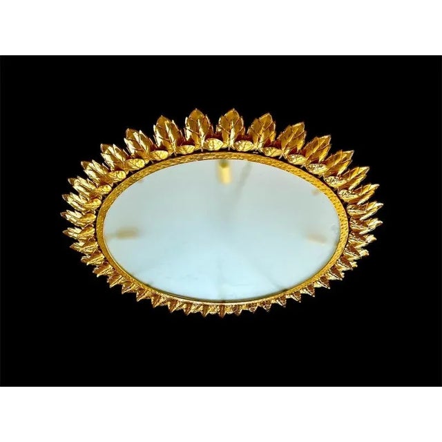 Spanish Crown Sunburst Fixture in Gilt Metal and Frost Glass, 1970s For Sale - Image 4 of 10