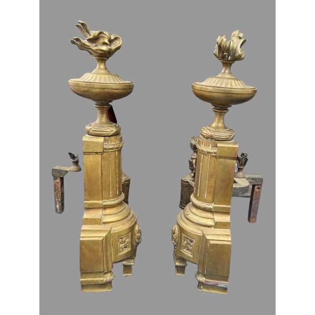 Pair of Antique French Victorian Ornate Cast Metal Fireplace Chenet Andirons For Sale - Image 4 of 8