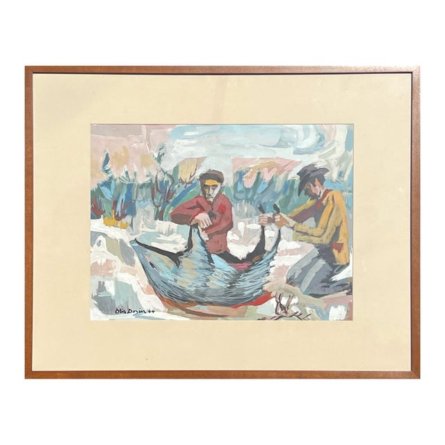 Modern Western wilderness scene by early Texas artist Otis Dozier. The work features two men kneeling and cleaning a hog...
