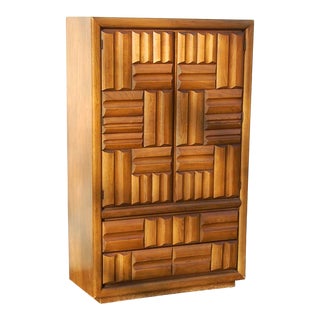 1970s Brutalist Mosaic Woodblock Armoire For Sale