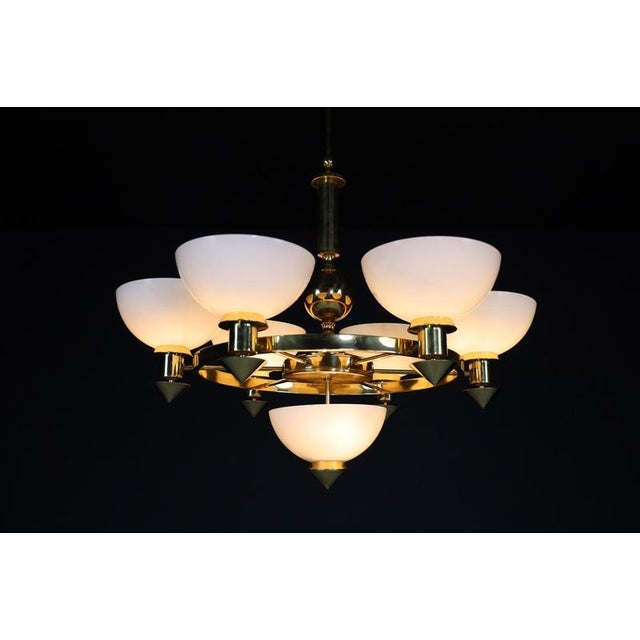 Sculptural Italian Chandelier in Brass & Opaline Glass, 1970s For Sale - Image 14 of 16