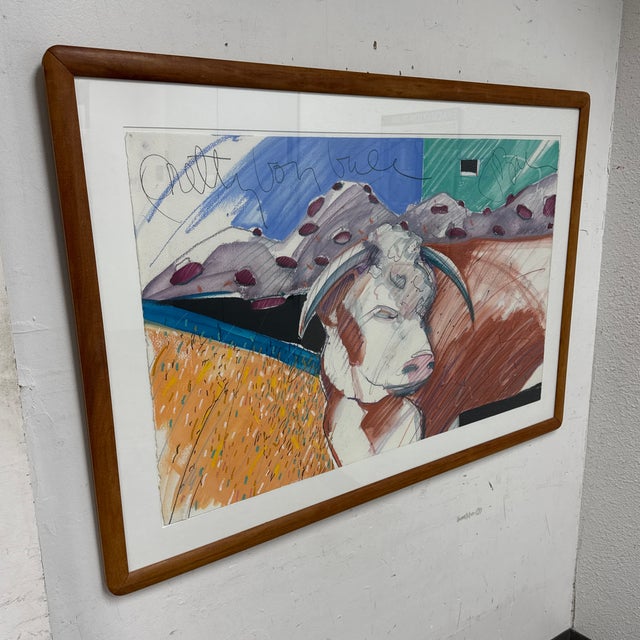 Design Plus Gallery presents a Southwestern Cow Painting from 1992, Artist Unknown. Professionally framed and postmodern...