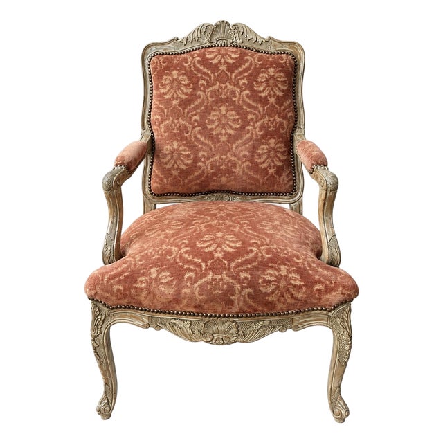 William Switzer Cerused Carved Fruitwood French Louis XV Style Arm Chair For Sale