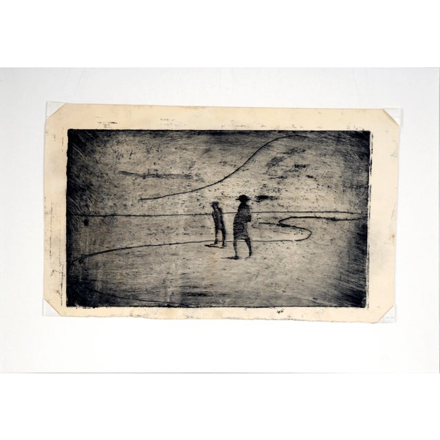 Two Figures on the Shore - Minimalist Landscape Drypoint Etching in Ink on Paper Minimalist landscape with two figures...