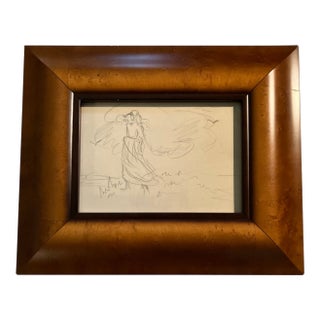 1940’s Figure Modernist Pencil Drawing Woman in Wind Wide Wood Frame For Sale