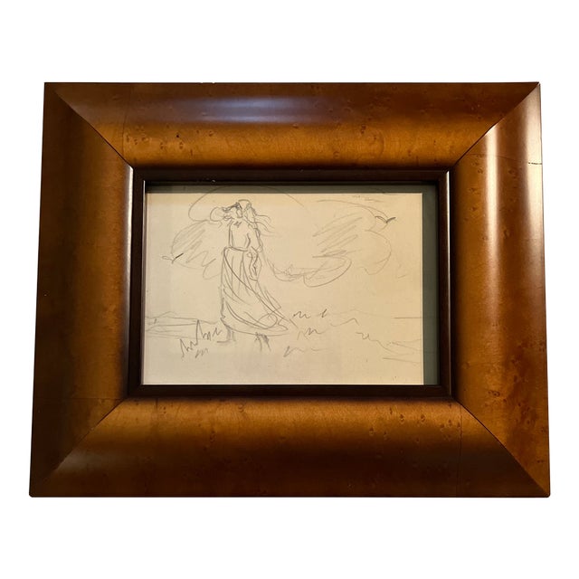 1940’s Figure Modernist Pencil Drawing Woman in Wind Wide Wood Frame For Sale