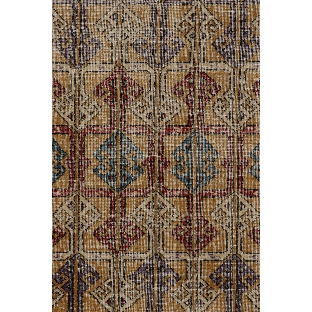 Textile 1960s Vintage Distressed Rug in Golden-Brown With Blue & Red Geometric Patterns For Sale - Image 7 of 8