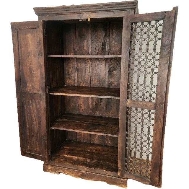Antique Hand-Carved Wood Wardrobe with Carved Doors and Iron Grille, Bali, Indonesia, 1920s For Sale - Image 12 of 18
