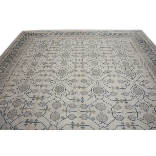 Early 21st Century Cream & Blue Geometric Design Handwoven Wool Turkish Oushak Rug 12' X 14'6" For Sale - Image 4 of 8