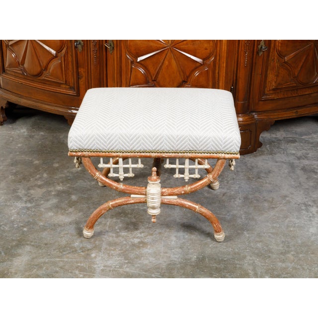 Mid 20th Century English Chinese Chippendale Style Faux Bamboo Stool with New Upholstery For Sale - Image 5 of 12