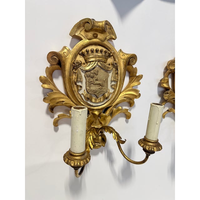Rococo French Rococo Giltwood Armorial Two-Light Wall Sconces, 19th Century For Sale - Image 3 of 9