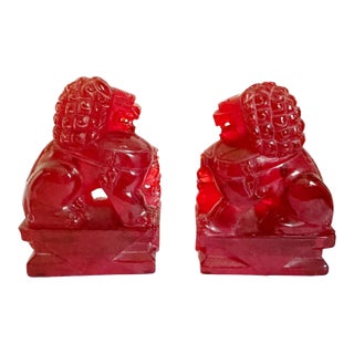 Pair of Vintage Chinese Cherry Amber Foo Dogs Temple Fu Lions Figurines For Sale