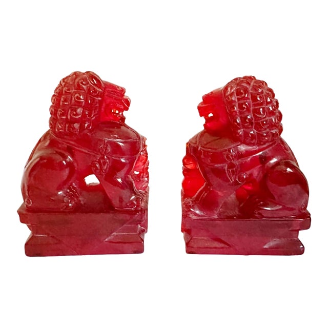 Pair of Vintage Chinese Cherry Amber Foo Dogs Temple Fu Lions Figurines For Sale