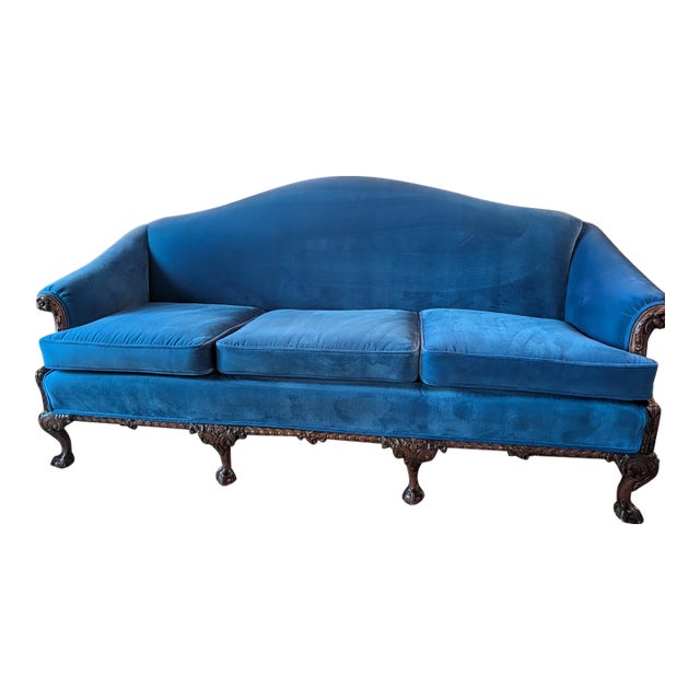 Restored Vintage Chippendale Style Camelback Sofa in Blue Velvet For Sale