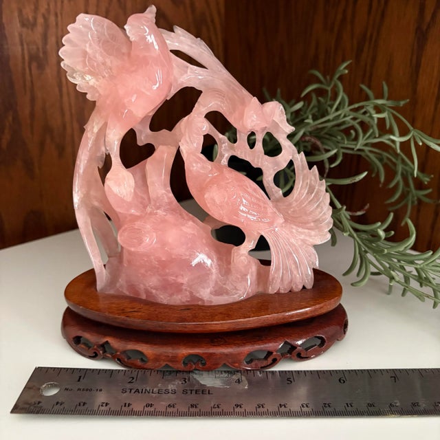 Pink Rose Quartz Carved Phoenix Like Bird Family For Sale - Image 8 of 10