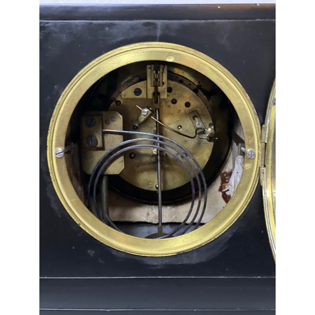 Antique French Belgian Black Slate Mantle Clock With Open Escapement and Malachite Inlay For Sale - Image 10 of 15