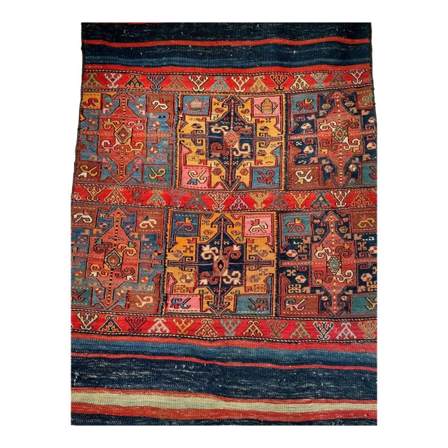 19th Century Caucasian Soumak Rug, Hand-Knotted Wool,Tapestry Tribal Wall Art, 4' x 5' For Sale